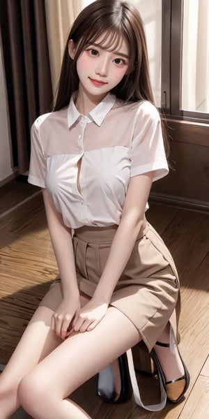 1girl, solo, long hair, looking at viewer, smile, bangs, skirt, brown hair, shirt, black hair, sitting, closed mouth, white shirt, short sleeves, pleated skirt, socks, collared shirt, indoors, black eyes, lips, head tilt, white skirt, curtains, white socks, knees up, wooden floor, realistic,see-through,Revealing high heels,makima(chainsaw man)