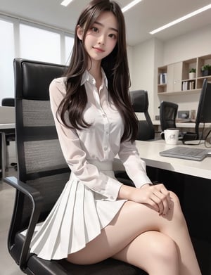 An 18-year-old girl with a height of 175 cm and a leg length of 115 cm is wearing a white pleated skirt. The length of the skirt is 30 cm. Her position is secretary and she is reporting to the CEO. She looks like a Korean and has a sweet smile. You can see the whole pair. Long legs, exposed high heels,1girl, 性感,torso flash,露出高跟鞋,see-through