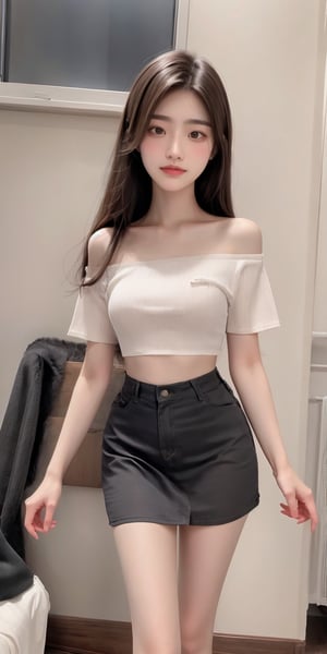 An 18-year-old girl with a height of 175 cm and a leg length of 115 cm is wearing a white pleated skirt. The length of the skirt is 30 cm. Her position is secretary and she is reporting to the CEO. She looks like a Korean and has a sweet smile. You can see the whole pair. Long legs, exposed high heels