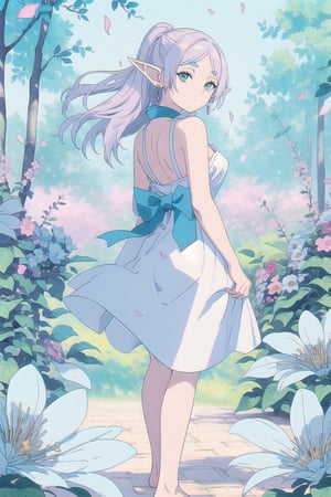 8k, ultra sharp, masterpiece, best quality, aesthetic, Glamour, High quality, Masterpiece, Best quality, HD, Extremely detailed, voluminetric lighting, ((detailed eyes, sad:0.9)) barefoot. Japanese forest full of blue flowers, bare foot, Wide angle, (Head-on her front on the flowers blue:1.2),(point of view from Head-on), Blue morning glory flowers, petals falling and flying around her, Sunny with shade, in the morning. High resolution, good detail, bright colors. ,illustration,fcloseup,portrait,rgbcolor, grey_hair, loose hair, elf, pointy_ears, long_hair, green_eyes, small_breasts, Highlight naked, translucent naked apron, small_breasts, (red_earrings:1.2), showing shoulders, Head-on, whole body, Long shot, full body shot, rule of thirds, delicate feet, face through torso, look back, looking straight ahead, bare foot, open front stripper dress, shy, breast exposuresexy Frieren,Laufen