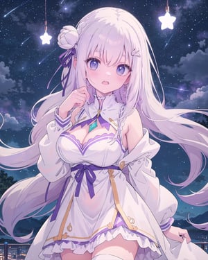 ((pixel perfect, detail perfect))), solo, 1girl, Emilia, white dress, parted sleeves, cleavage, big breasts, looking at the viewer, smile, anime, night, starry sky.