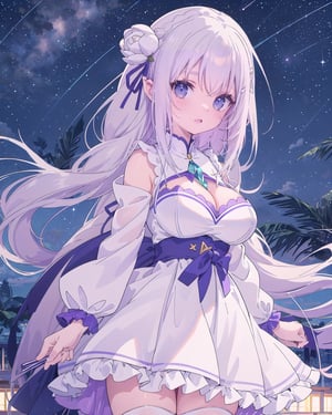 ((pixel perfect, detail perfect))), solo, 1girl, Emilia, white dress, parted sleeves, cleavage, big breasts, looking at the viewer, smile, anime, night, starry sky.