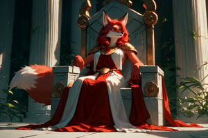 anthropomorphic red fox, red rox, female, (1female:1.4), purple_eyes, medium hair, red_fox fur, 
white godness robes, greek godness robes,
Olimp, Gods throne, sitting,
score_9,score_8_up,score_7_up,masterpiece,best quality,very aesthetic, 

