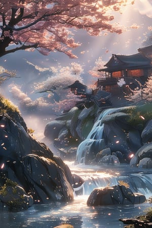 A majestic boulder perches atop a verdant hill, surveying the tranquil village below. Soft cherry blossom petals gently cascade down from above, as if nature's own brushstrokes in watercolor hues. The Ultra High Definition lens captures each delicate detail. In the distance, a serene stream meanders through the landscape, its gentle ripples reflected in the Chinese ink drawing style. Ink scenery whispers secrets of ancient times, as the sun casts a warm glow on this idyllic scene. 