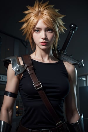 Create a hyper-realistic image of a beautiful female version of Cloud Strife from *Final Fantasy VII*, set against a dark, industrial cityscape inspired by Midgar. Her skin is fair, and she has striking blue eyes that convey a determined and serious expression. Her blonde hair is spiky yet slightly softened for a feminine touch, with angled strands framing her face while the rest flows past her shoulders.

She wears a modified version of Cloud's iconic outfit, designed for a female warrior. Her sleeveless navy-blue top is fitted, accentuating her athletic build, with metal shoulder armor on her left side that has a worn, battle-ready look. The armor is secured by a dark leather strap crossing over her chest. Her right arm is clad in a black, fingerless glove that extends up to her forearm, adding a practical edge to her appearance.

Her serious pose emphasizes her readiness for battle, with her hand casually resting on the large, iconic Buster Sword strapped behind her. The blade is slightly weathered, reflecting past encounters, and adds weight to her intense expression. The scene around her is shadowy and atmospheric, capturing the gritty, mechanical feel of Midgar. The image should highlight her strength and beauty, blending Cloud’s iconic features with a feminine twist that stays true to her tough, resilient character.