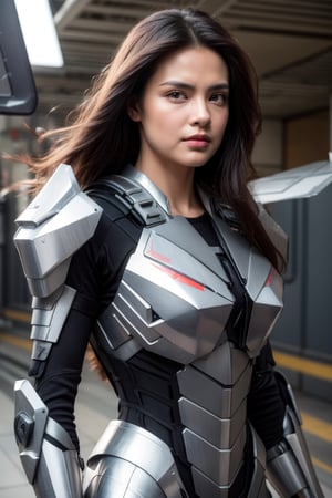 Create an image of a beautiful woman wearing high-tech armor inspired by the F-22 fighter jet. She has long, flowing dark hair and striking green eyes that convey determination. Her armor is sleek and futuristic, with angular lines mimicking the F-22’s design, featuring shades of gray and metallic blue. The chest area of the armor is accentuated, emphasizing her curves, while the shoulders are broad and protective. 

The armor has intricate details, such as embedded lights and a visor that can retract to reveal her face. She stands in a serious pose, exuding confidence and strength, with her arms crossed or resting at her sides. The background hints at an Air Force setting, perhaps with a blurred aircraft or runway behind her, to reinforce the military theme.