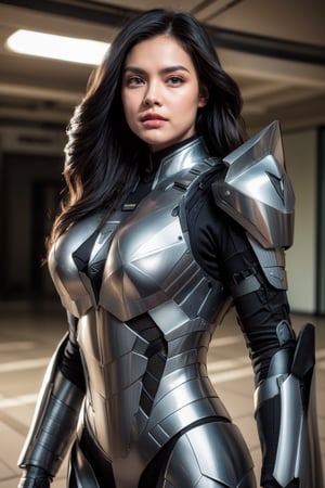 Create an image of a beautiful woman wearing high-tech armor inspired by the F-22 fighter jet. She has long, flowing dark hair and striking green eyes that convey determination. Her armor is sleek and futuristic, with angular lines mimicking the F-22’s design, featuring shades of gray and metallic blue. The chest area of the armor is accentuated, emphasizing her curves, while the shoulders are broad and protective. 

The armor has intricate details, such as embedded lights and a visor that can retract to reveal her face. She stands in a serious pose, exuding confidence and strength, with her arms crossed or resting at her sides. The background hints at an Air Force setting, perhaps with a blurred aircraft or runway behind her, to reinforce the military theme.