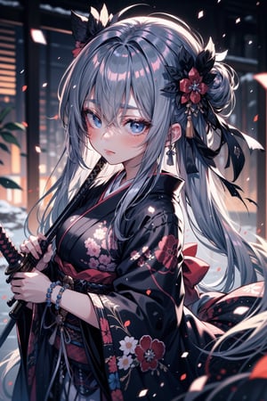 1girl, weapon, solo, sword, holding, japanese_clothes, long_hair, holding_weapon, kimono, holding_sword, wide_sleeves, looking_at_viewer, hair_ornament, long_sleeves, upper_body, katana, blue_eyes, bangs, closed_mouth, black_kimono, umbrella, hair_between_eyes, floral_print, snowing, glowing, tassel, blurry, outdoors, oil-paper_umbrella, two-handed, glowing_weapon, depth_of_field, grey_hair, glowing_sword, jewelry, print_kimono, v-shaped_eyebrows, light_particles, bracelet, kanzashi