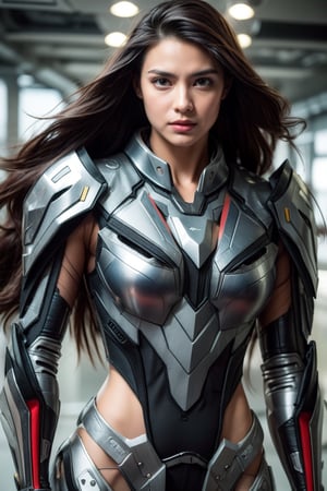 Create an image of a beautiful woman wearing high-tech armor inspired by the F-22 fighter jet. She has long, flowing dark hair and striking green eyes that convey determination. Her armor is sleek and futuristic, with angular lines mimicking the F-22’s design, featuring shades of gray and metallic blue. The chest area of the armor is accentuated, emphasizing her curves, while the shoulders are broad and protective. 

The armor has intricate details, such as embedded lights and a visor that can retract to reveal her face. She stands in a serious pose, exuding confidence and strength, with her arms crossed or resting at her sides. The background hints at an Air Force setting, perhaps with a blurred aircraft or runway behind her, to reinforce the military theme.