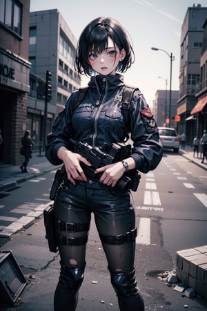 Illustrate a young woman in a special forces uniform, complete with tactical gear, preparing for a fight. She is gripping a dagger tightly, ready for action. The setting is an abandoned city overrun with zombies, characterized by derelict buildings and a post-apocalyptic atmosphere. Her expression is genuine and resolute, reflecting determination and readiness for the imminent danger, 1girl