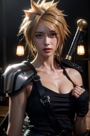 Create a hyper-realistic image of a beautiful female version of Cloud Strife from *Final Fantasy VII*, set against a dark, industrial cityscape inspired by Midgar. Her skin is fair, and she has striking blue eyes that convey a determined and serious expression. Her blonde hair is spiky yet slightly softened for a feminine touch, with angled strands framing her face while the rest flows past her shoulders.

She wears a modified version of Cloud's iconic outfit, designed for a female warrior. Her sleeveless navy-blue top is fitted, accentuating her athletic build, with metal shoulder armor on her left side that has a worn, battle-ready look. The armor is secured by a dark leather strap crossing over her chest. Her right arm is clad in a black, fingerless glove that extends up to her forearm, adding a practical edge to her appearance.

Her serious pose emphasizes her readiness for battle, with her hand casually resting on the large, iconic Buster Sword strapped behind her. The blade is slightly weathered, reflecting past encounters, and adds weight to her intense expression. The scene around her is shadowy and atmospheric, capturing the gritty, mechanical feel of Midgar. The image should highlight her strength and beauty, blending Cloud’s iconic features with a feminine twist that stays true to her tough, resilient character.