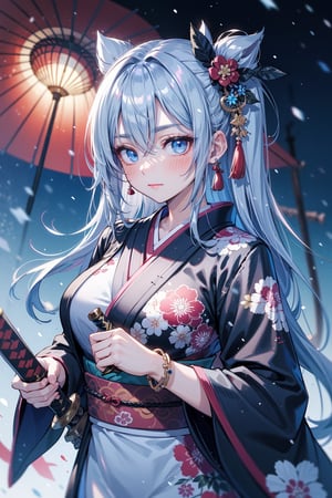 1girl, weapon, solo, sword, holding, japanese_clothes, long_hair, holding_weapon, kimono, holding_sword, wide_sleeves, looking_at_viewer, hair_ornament, long_sleeves, upper_body, katana, blue_eyes, bangs, closed_mouth, black_kimono, umbrella, hair_between_eyes, floral_print, snowing, glowing, tassel, blurry, outdoors, oil-paper_umbrella, two-handed, glowing_weapon, depth_of_field, grey_hair, glowing_sword, jewelry, print_kimono, v-shaped_eyebrows, light_particles, bracelet, kanzashi