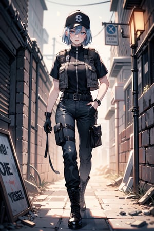 a girl wearing Leon S. Kennedy's outfit from Resident Evil 4. She is dressed in a dark blue tactical vest with a utility belt and pouches, similar to Leon’s. The outfit includes a fitted black shirt and dark cargo pants, complemented by sturdy combat boots. The vest features the iconic emblem and multiple pockets. Her look is completed with a black leather glove on one hand, and she exudes a confident and determined stance. The background should reflect a gritty, action-packed setting, such as a dimly lit, abandoned building or an eerie, desolate street, 1girl