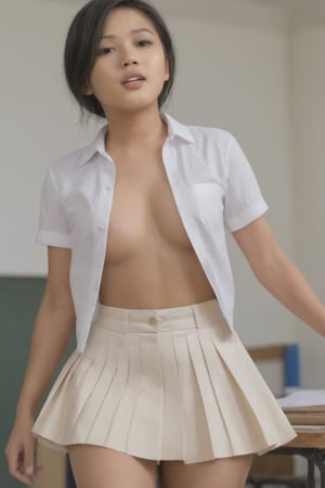 photorealism,  hyper-realistic, 16K, ultra-realistic, photorealism, high contrast,  a beautiful Filipina, 18 year old, short, glossy black hair, light brown skin, deep brown eyes, small in stature, thin,1.61 meter tall, with B-cup breasts and large nipples, wearing a unbuttoned white collared shirt and short pleated blue skirt, dancing inside a classroom after classmates and teacher's left, body,better_hands,hands,orgasmface