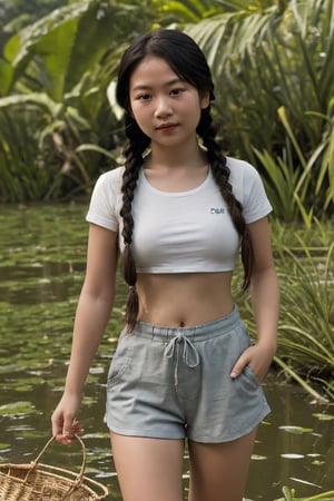 16K, ultra-realistic, photorealism, a 13 year old Vietnamese girl, a little on the fat side, she has her hair in pigtailed braid in her often used t-shirt and comfortable shorts, is catching frogs on a rice paddy, she has a small wicker basket tied to her waist to place the frogs,