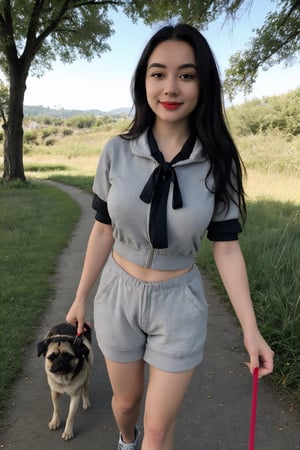 16K, ultra-realistic, photorealism, a Hungarian model, 22 year old, volumic jet-black wavy hair, small in stature, thin,1.61 meter tall, with B-cup breasts is out early morning and taking her pet pug on a leash for a walk around the grassy trail, her other pet shih tzu follows them along