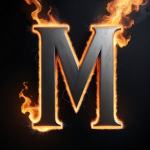 Imagine Portrait letter M logo crafted from steel merged with fire and electricity