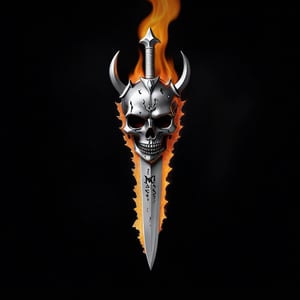 Portrait Logo of an "Madozz" crafted from melted steel stabed with dagger  and emerged in fire