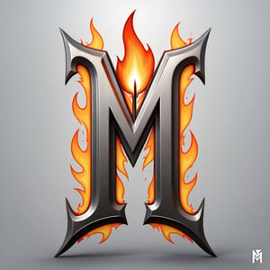 single Letter "M" made of steel logo, flame combined with electricity, vertical dagger cutting through it