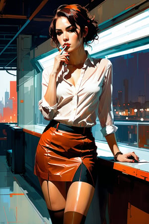 Character design by Kaethe Butcher, backdrop by Greg Tocchini, brunete girl, 25-year-old, wearing bussine fit skirt, see-through thighhighs, smoking, impasto oil painting, heavy strokes, textured, rich layered deep colors, brown, orange and red hues, rusty shades, inspired by Jeremy Mann, Carne Griffiths, Robert oxley, makoto shinkai jamie wyeth james gilleard edward hopper greg rutkowski