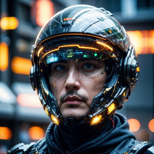 Portrait of a 50 years old man, solo, realistic, science fiction, helmet, cable, cyberpunk, lips, cowboy_shot , blurry, robot, depth of field, blurry background, green eyes, screen, glowing, facing viewer, facial_expressions,Germany Male