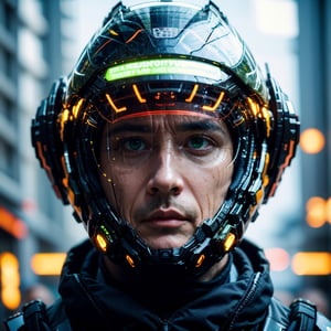 Portrait of a 50 years old man, solo, realistic, science fiction, helmet, cable, cyberpunk, lips, cowboy_shot , blurry, robot, depth of field, blurry background, green eyes, screen, glowing, facing viewer, facial_expressions,Germany Male