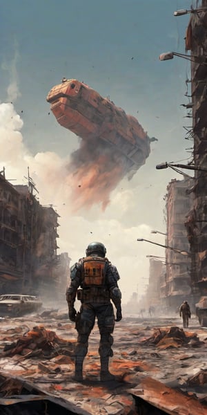 A weathered, rusty-red hulled tank breaches a polluted, gray-blue sky above a war-torn cityscape. Urban ruins stretch out in all directions, punctuated by towering, futuristic military structures with intricate line work and vivid color accents. A lone, camouflaged soldier surveys the devastation from atop a crumbled building, while a convoy of armored vehicles speeds away in the distance, kicking up clouds of dust and debris. The air is thick with smoke and fog, illuminated by the harsh glow of distant explosions. In the foreground, a worn, leather-bound book lies open on a makeshift shelf, its yellowed pages fluttering in the wind as if carrying the secrets of the desolate landscape.