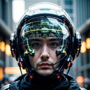 Portrait of a 30 years old man, solo, realistic, science fiction, helmet, cable, cyberpunk, lips, portrait, head-mounted display, blurry, robot, depth of field, blurry background, green eyes, screen, glowing, facing viewer, facial_expressions