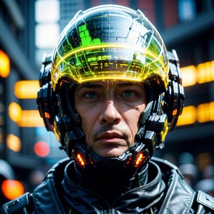 Portrait of a 50 years old man, solo, realistic, science fiction, helmet, cable, cyberpunk, lips, cowboy_shot , blurry, robot, depth of field, blurry background, green eyes, screen, glowing, facing viewer, facial_expressions,Germany Male