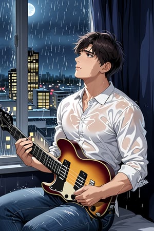 dark night, 1boy, solo, short dark hair, looking up, muscular fit body, white shirt, jeans, hands on a eletric guitar, sitting by the window, sad expression, city landscape, raining night