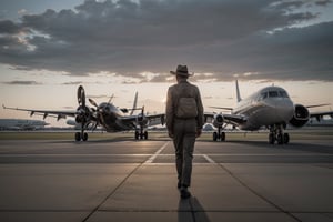A vintage 1940s airplane, its monochrome body a silhouette against the darkening sky, soars into the distance as Rick Blaine stands alone on the airport tarmac, his fedora clutched in one hand and a look of longing on his face, while Ilsa Lund's figure disappears into the terminal's shadows, the sound of a distant saxophone melody hanging in the air.
