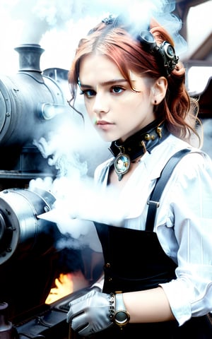 photorealistic, perfect anatomy, realistic character, hyper photorealism, very high contrast photograph, street photography, cinematic lighting, dramatic lighting, rear view looking back, (((a girl is repairing a steam engine in the steamy smoky workshop))), (a 19 yo girl, (Ana de Armas:0.70), (redhead:1.1)), very cute, (perfect grey eyes:1.1), photorealistic wavy hair, a girl in a dirty steampunk singlet in light gray color, intercom headset, steampunk choker, long leather boots, perfect detailed face, detailed symmetric grey eyes with circular iris, (dirty smudges on face and hands), sweating, exessive sweat, fixing a steam engine in the steampunk garage filled with steam and smoke, cogs and gears, steamy background with lots of steam pipes and steam valves and pressure gauges and gears, intricate background, very highly detailed costume, very highly detailed background, steampunk fantasy style, steampunk , steampunk aesthetic, steamy, smoky,emo,better photography