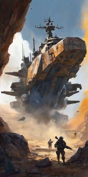 Composition: A futuristic warzone landscape unfolds an industrial military ship emerges from a dusty, ravaged horizon. Weathered textures and rusty hues dominate the foreground, depicting the aged structure's battle-worn features. The sky above is a deep shade of indigo, gradually lightening to a faint blue towards the upper left corner, where a burst of orange and yellow illuminates the atmosphere. A military unit, dressed in muted earth tones, moves cautiously into the frame, led by a helmeted figure holding a rifle at the ready. The landscape's worn terrain, complete with rocky outcroppings and ravaged foliage, stretches towards the vanishing point, drawing the viewer's eye into the gritty, adventurous scene.