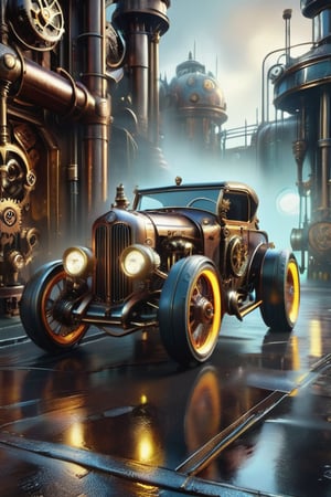 (Steampunk, 3/4 front view of a hotrod zeekars with fluorescent rims, futuristic street close-up, wet road, extreme details, muted colors, gritty, rusty, oil paint, heavy strokes, dripping paint), Detailed Textures, high quality, high resolution, high Accuracy, realism, color correction, Proper lighting settings, harmonious composition, Behance works,Renaissance Sci-Fi Fantasy,DonMSt34mPXL,AbmSTPD
