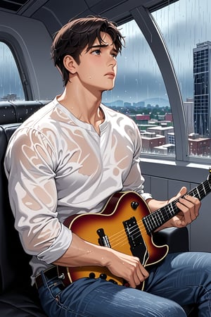 inside space shuttle, 1boy, solo, short dark hair, looking up, muscular fit body, white shirt, jeans, hands on a eletric guitar, sitting by the window, sad expression, city landscape, raining night