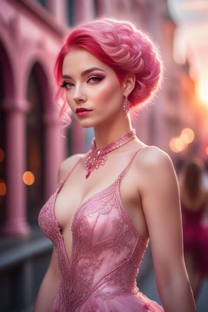  ultra detailed gorgeous, most beautiful woman with pink hair and red eyes, fantasy style dress. blushing, teasing, Alluring, standing in the city. highly stylized. depth of field, bokeh effect, backlit, stylish, elegant, breathtaking, visually rich, masterpiece full body shot.