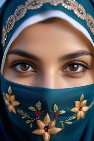 Portrait of ((extremely beautiful)) happy eyes of a Muslim woman. She is dressed in a dark-colored traditional hijab, her face is covered with a cloth mask decorated with embroidery. Against the background of a clean, clear, evening sky. Additional attention is paid to the HDR effect, which affects contrast and composition. The image is hyper-realistic with sharp focus, reproduced with a resolution of 64 megapixels. The lighting provides high contrast, giving the scene a cinematic and atmospheric quality that embodies the relaxed atmosphere of the evening, which evokes a surreal combination of (hyperrealism) and (ultrarealism) with a complex ((realism of detailed eyes))