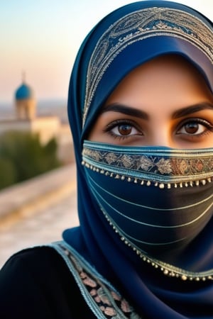 Portrait of ((extremely beautiful)) happy eyes of a Muslim woman. She is dressed in a dark-colored traditional hijab, her face is covered with a cloth mask decorated with embroidery. Against the background of a clean, clear, evening sky. Additional attention is paid to the HDR effect, which affects contrast and composition. The image is hyper-realistic with sharp focus, reproduced with a resolution of 64 megapixels. The lighting provides high contrast, giving the scene a cinematic and atmospheric quality that embodies the relaxed atmosphere of the evening, which evokes a surreal combination of (hyperrealism) and (ultrarealism) with a complex ((realism of detailed eyes))