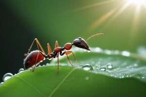 a ultradetailed beautiful, perfect, hyper realistic, digital art, a ant drinking water from dew drop on leaf, solar, sunlight, artstation, exquisite detail, Canon EOS 450D, 50mm lens, f/9, ISO 400, shutter speed 1/125, award winning photograph, perfect contrast, ultra-detailed photography, raytraced, global illumination, ultra high definition, 8k, unreal engine 5, award-winning photograph, trending on artstation