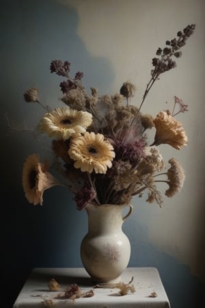 (((photographic, photo, photogenic))), extremely high quality high detail RAW color photo, unnerving eerie, bouquet, dried desiccated flowers, crushed crumbling textures, shattered, dehydrated, aged look, muted colors, shadow play, delicate fragility, close-up, vanitas elements, still life