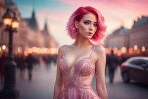  ultra detailed gorgeous, most beautiful woman with pink hair and red eyes, fantasy style dress. blushing, teasing, Alluring, standing in the city. highly stylized. depth of field, bokeh effect, backlit, stylish, elegant, breathtaking, visually rich, masterpiece full body shot.