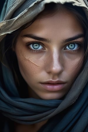 A woman in a post-apocalyptic world with striking (with otherworldly detail and luminosity), captivating, vibrant eyes, only her eyes and part of her nose are visible through the gap in the cloth that covers her face.The image is richly detailed, setting off the vivid detail and bioluminescent luminosity of her eyes, and raw emotions associated with conflict (tears), which are the central focus of the portrait. The overall mood is dark and intense, she is in a war torn country with the cloth torn and disheveled but still exhibits a deep contrast to her eyes adding a layer of mystery and survival  Her face has some marks from evading capture and hiding in destroyed buildings. A Soft lighting casts gentle highlights on her skin and the delicate textures of the cloth, while illuminating the emotion and detail in her eyes to enhance their captivating allure. The composition is intimate, emphasizing the contrast between the dark cloth and her luminous gaze