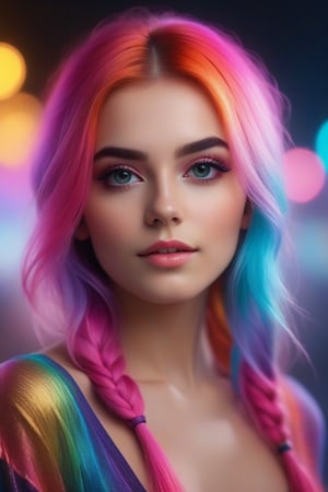 An ultra detailed, realistic, digital art, portrait of a cute girl with long multicolored hair and bold makeup in a short top with long sleeves, background is fog and neon, she looks at the camera over her shoulder. Bokeh, neon lights, happy accidents, exquisite detail, 30 megapixels, 4k, CanonEOS 5D Mark IV DSLR, 85mm lens, sharp focus, intricate detail, long exposure, f/2, ISO 100, shutter speed 1/125, diffuse backlighting, award-winning photograph, facing camera, looking into camera, monovision, perfect contrast, high sharpness, face symmetry, depth of field, ultra-detailed photography, raytracing, global illumination, TanvirTamim, smooth, ultra high definition, 8k, unreal engine 5, ultra sharp focus, award-winning photography, trending on art-station