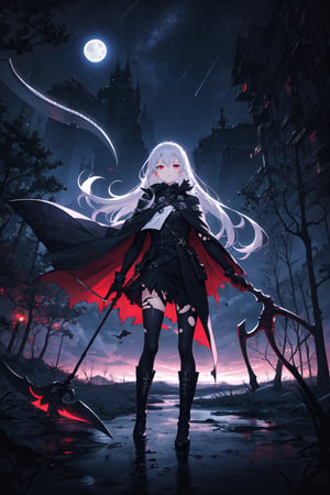 masterpiece, best quality, 1 woman, alone, night sky, outdoors, moon, stars, clouds, wind, long silver hair, boots, cape, red eyes, torn clothes, scythe, tree, night, part of the face,
,ARI1,neon background