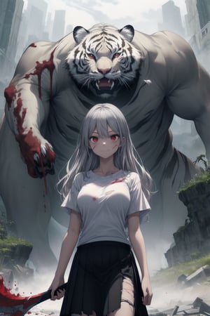 1 woman, long silver hair, red eyes, wearing a simple white t-shirt, black skirt, slight smile standing in front of a bleeding monster with a giant claw scar on its back, bleeding, mountro, giant white tiger, torn clothes, island empty, scythe.
