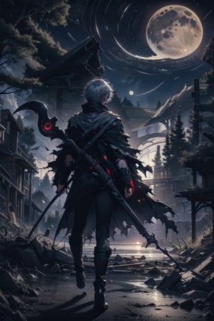 masterpiece, best quality, 1 man, alone, night sky, outdoors, moon, stars, clouds, wind, short silver hair, boots, cape, red eyes, torn clothes, holding, scythe, tree, night,,ARI1,DArt,Ultra details++ 