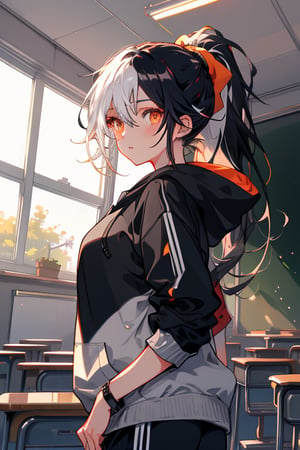 Beautiful girl. a gray sweatshirt, black sports pants. Detailed image, long hair with ponytail. White hair and black locks, multicolored hair, orange eyes. ((masterpiece: 1.2)), classroom in the background, anime style.