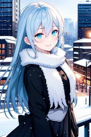 Beautiful girl. She wears a black and white winter coat, black shirt and a black skirt. detailed image, detailed skin, upper body, looking at viewer, long hair. Light blue hair, blue eyes.((masterpiece: 1.2)), snow particles, snowy city in the background, anime style.