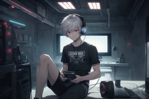 1 man, short hair, silver hair, red eyes, gray t-shirt, black shorts, playing pc gamer, headphones, neon gray lights, sitting, strimer,ARI1
