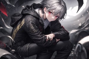 1 boy, red eyes, closed mouth, short hair, silver hair, looks cool, wears black jacket with white shirt, black pants,DArt